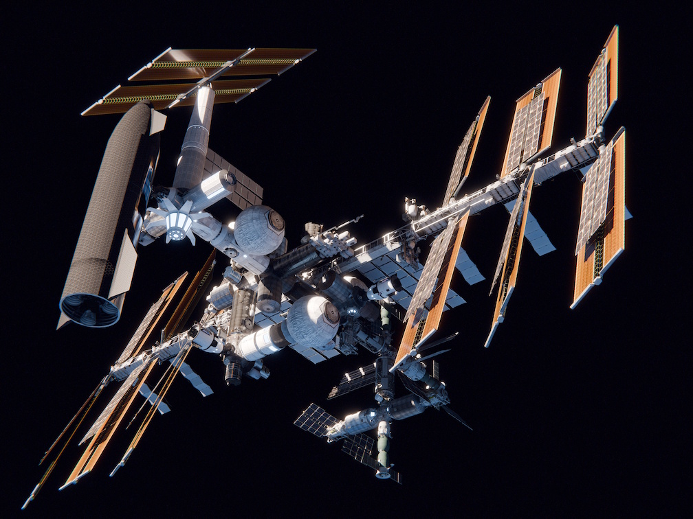 Render of the Modern ISS looking away from earth
